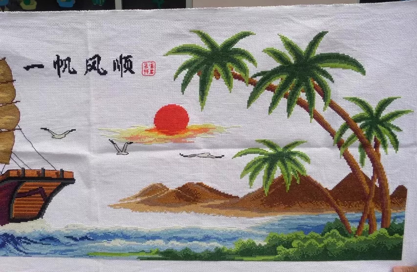 boat-1009 *พร้อมส่ง* ชุดปักครอสติช ลายล่องเรือสำเภา (ผ้า11CTพิมพ์ลาย ปัก 3 เส้นเล็ก) ขนาด 123*54 ซม.ผ้าครอสติช 11CTพิมพ์ลายปักบนผ้า ไหมคอตตอน 37 สี ผังลาย เข็ม