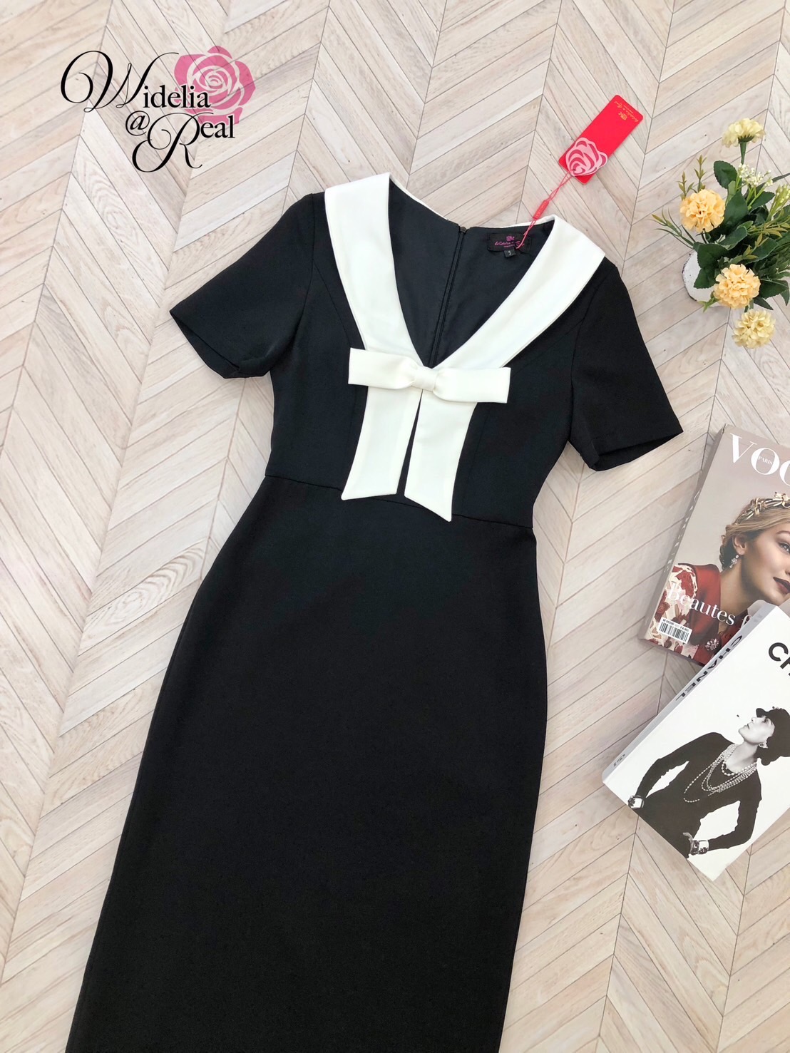 Korea Dress เดรสตัวยาว ทรงสอบ แขนสั้น อกโบว์ขาว