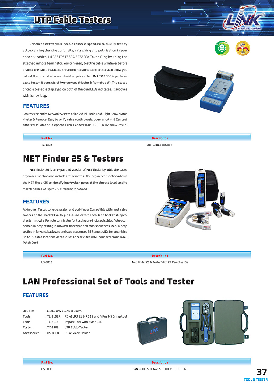 LINK US-8030 LAN PROFESSIONAL SET OF TOOL & TESTER (กระเป๋าเครื่องมือ LAN ครบชุด) BY BILLIONAIRE SECURETECH US-8030