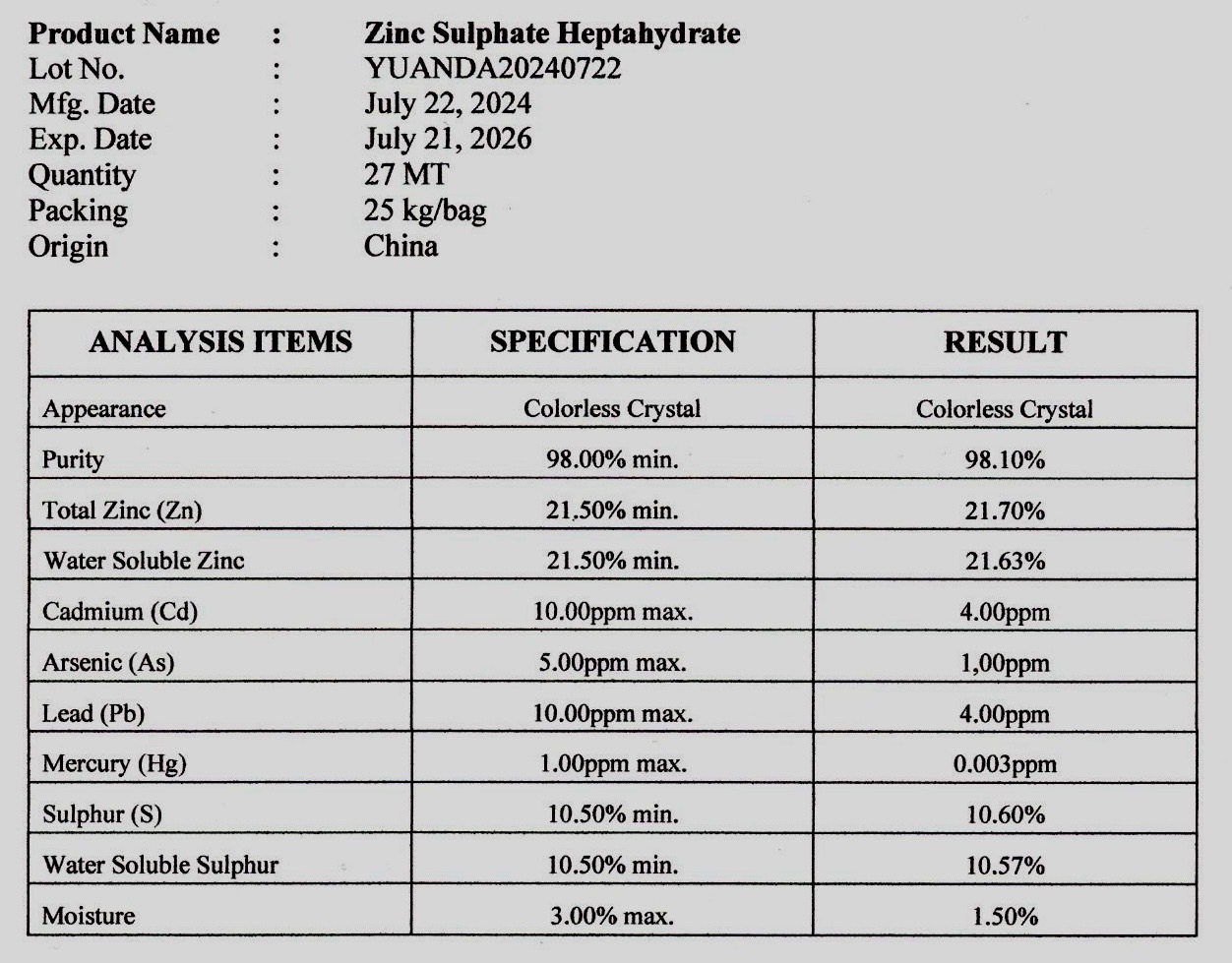 ZnSO4.7H2O Zinc Sulphate heptahydrate ซิงค์ซัลเฟต.7H20 (Zn 21%) บรรจุ 1 กิโลกรัม (R)