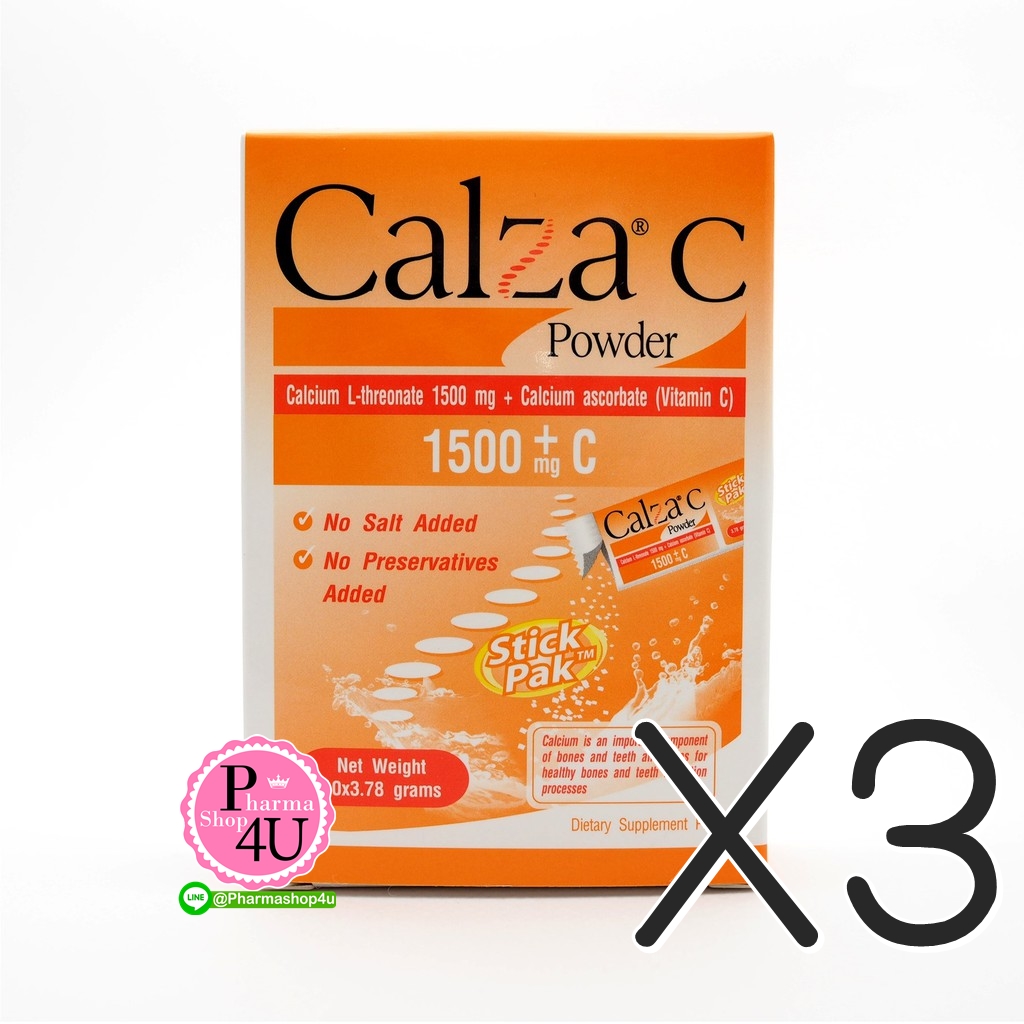 (ซื้อ3 ราคาพิเศษ) Calza C Powder แคลซ่า ซี แคลเซียม แอล- ทรีโอเนต 1500 mg. + ซี แบบชงน้ำ (กล่อง 30 ซอง)