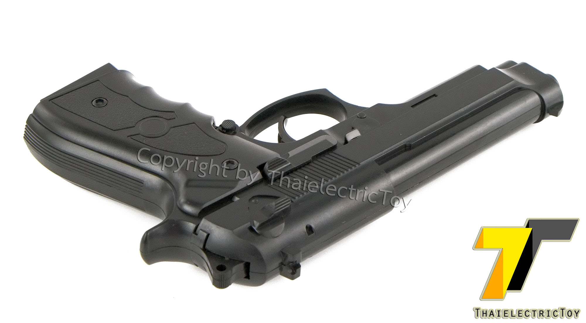 ปืนอัดลมพลาสติก Beretta ชักยิงทีล่ะนัด ลำกล้องยาว 7.5 นิ้ว หนัก 279 กรัม ใช้ลูกกระสุนพลาสติก 6 มิล