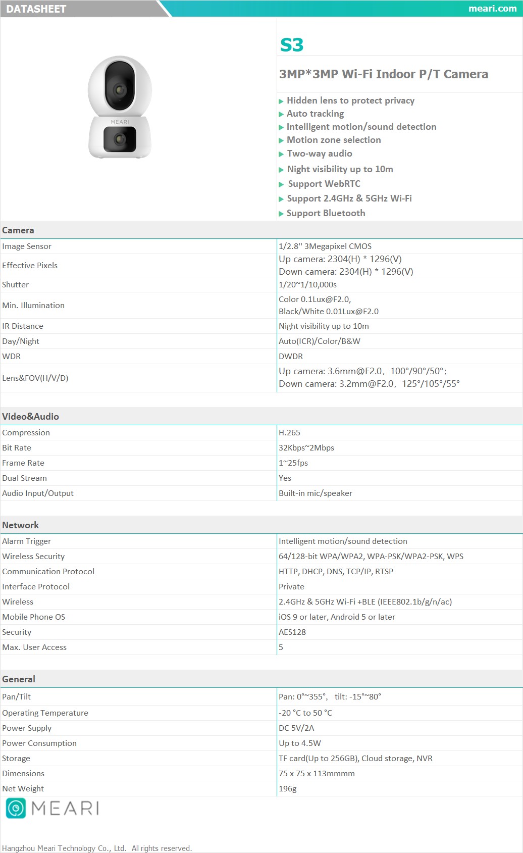 MEARI S3 กล้องวงจรปิดระบบ IP 3MP+3MP WiFi Indoor P/T CAMERA รองรับการสื่อสารสองทาง BY BILLIONAIRE SECURETECH MEARI S3
