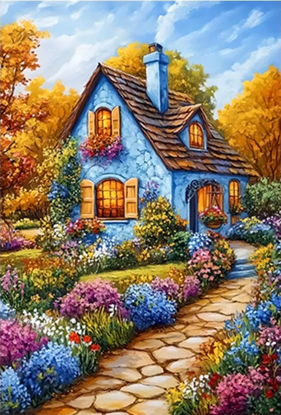 home-1154 *สินค้าหมด* ชุดปักครอสติช ลายบ้านสวยสวนดอกไม้ (ปักเต็มผืนผ้า ไม่มีเดินเส้น ผ้า11CTพิมพ์ลาย ปัก 3 เส้นเล็ก) ขนาด 50*65 ซม.ผ้าครอสติช 11CTพิมพ์ลายปักบนผ้า ไหมคอตตอน 51 สี ผังลาย เข็ม