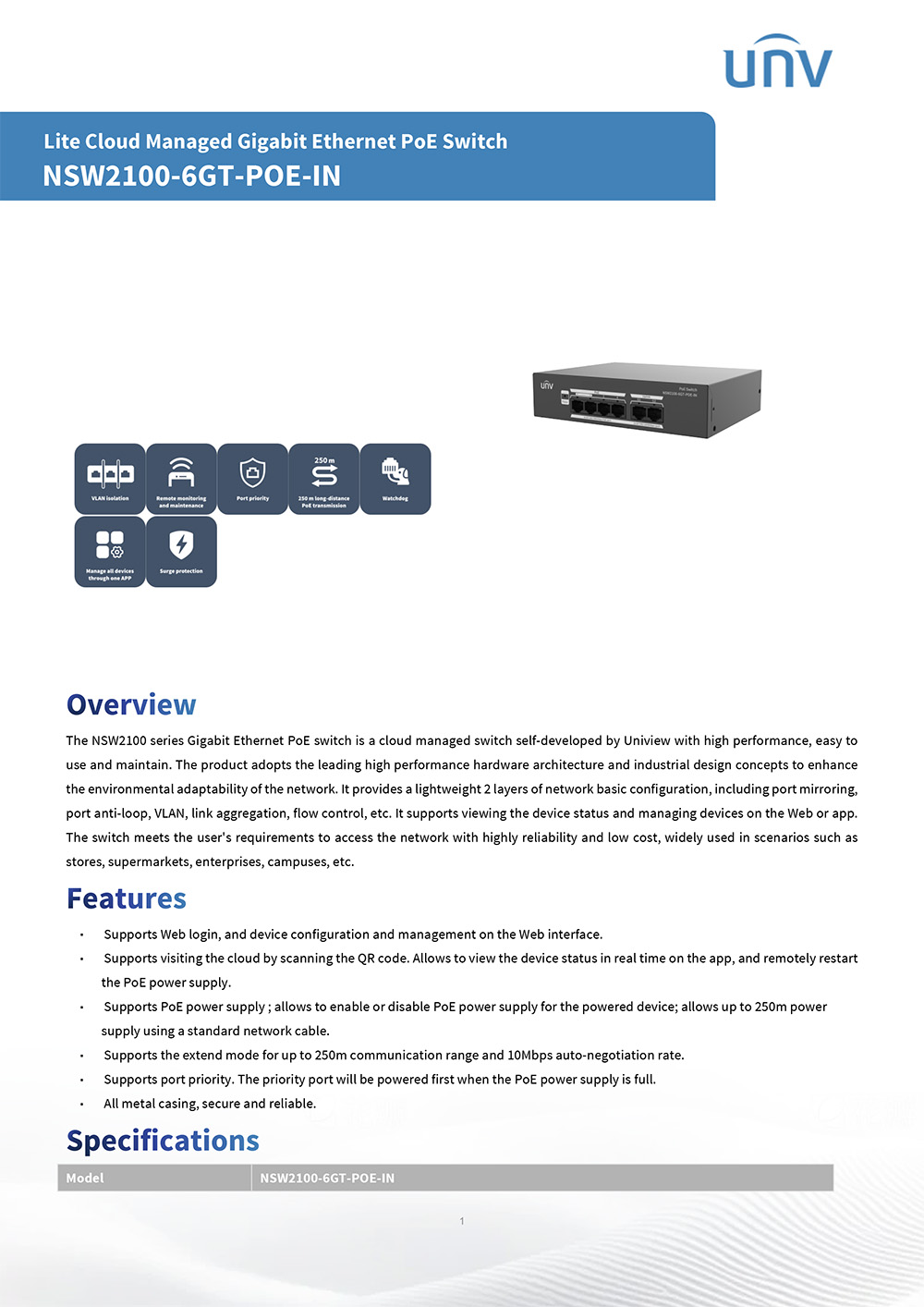 UNIVIEW NSW2100-6GT-POE-IN Lite Cloud Managed Gigabit POE Switch 4PoE+2Uplink 64W BY BILLIONAIRE SECURETECH NSW2100-6GT-POE-IN