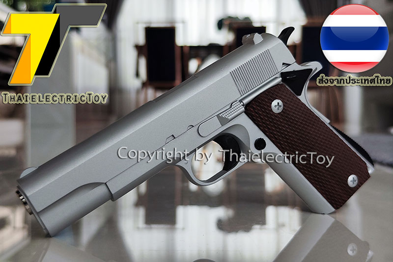 ปืนอัดลมเหล็ก Colt 1911 ขนาดเล็ก ชักยิงทีล่ะนัด สีบอร์นเงิน ลำกล้องยาว 6.5 นิ้ว นกสับได้ เซพตี้สไลน์ หนัก 371 กรัม ใช้ลูกกระสุนพลาสติก 6 มิล
