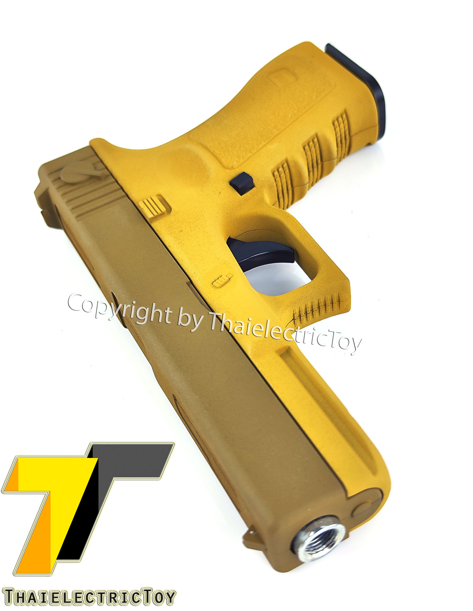 ปืนอัดลมเหล็ก Glock 17 สีทูโทน ชักยิงทีล่ะนัด ลำกล้องยาว 7 นิ้ว หนัก 668 กรัม ใช้ลูกกระสุนพลาสติก 6 มิล