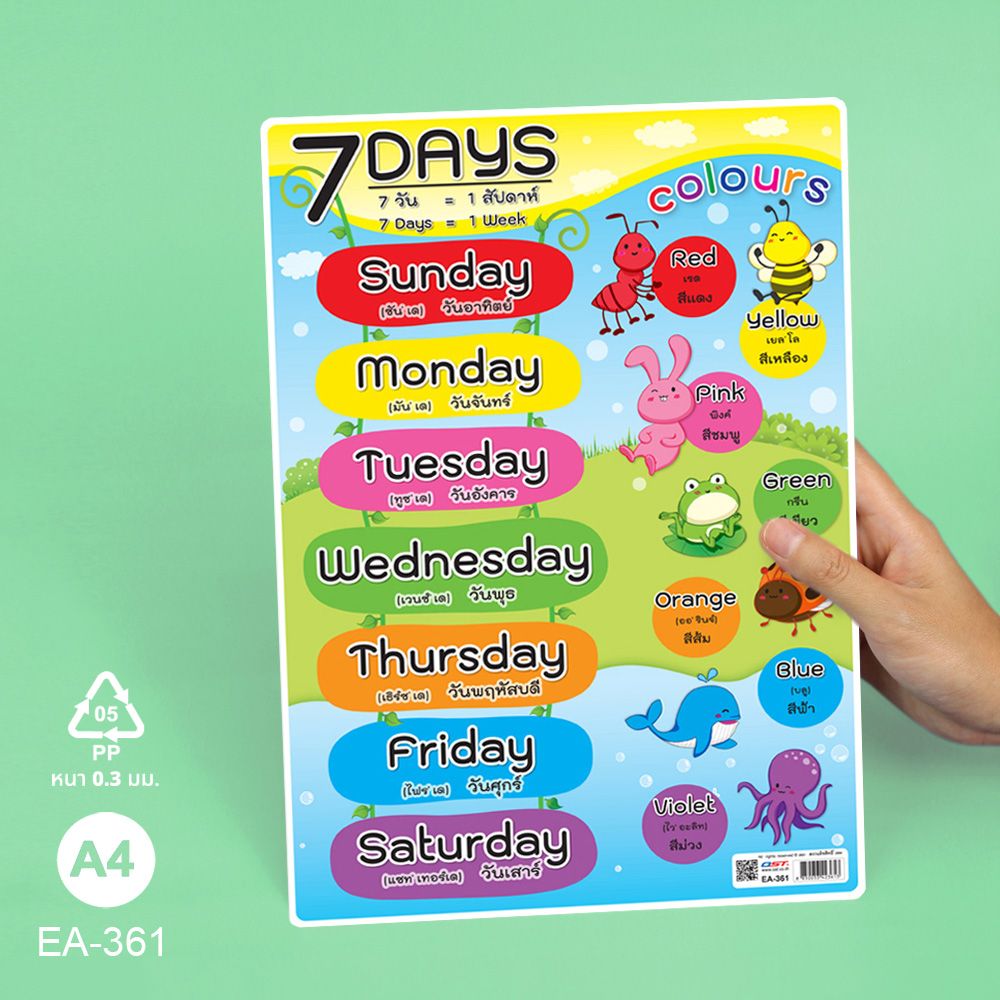 โปสเตอร์พลาสติก ความรู้ ชุด เวลา วัน เดือน ขนาดA4 EA-361 7 Days & Colours