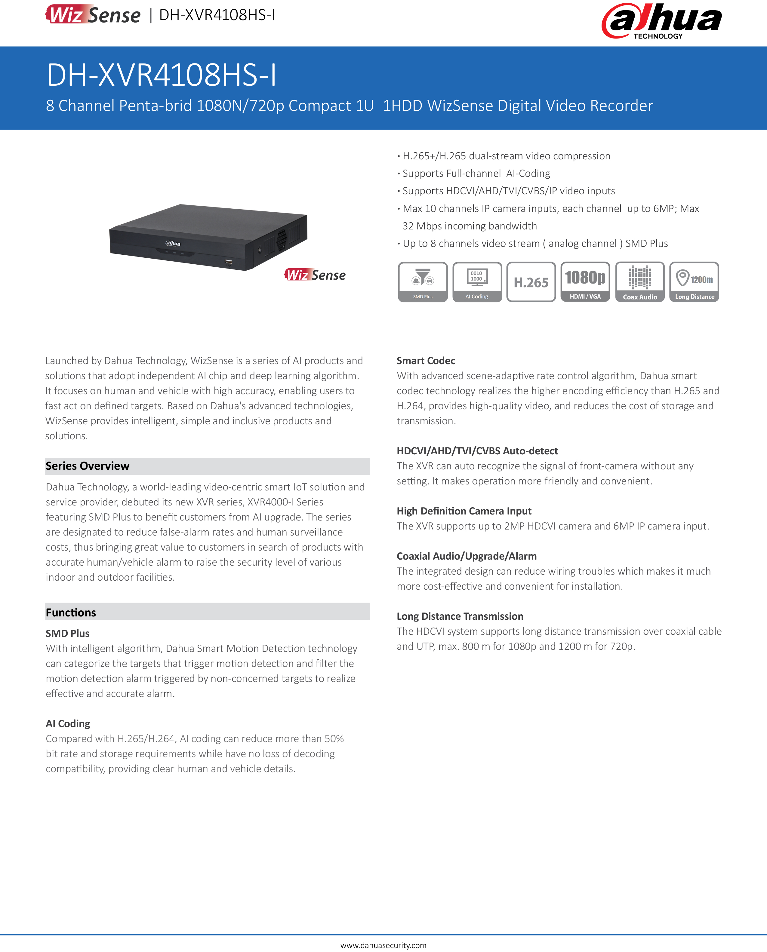 DAHUA XVR4108HS-I (8CH) เครื่องบันทึก XVR 8ช่อง รองรับกล้อง DAHUA มีไมค์ ***หากใช้กับกล้องรุ่นอื่นที่ไม่ใช่ DAHUA จะไม่บันทึกเสียง*** BY BILLIONAIRE SECURETECH XVR4108HS-I