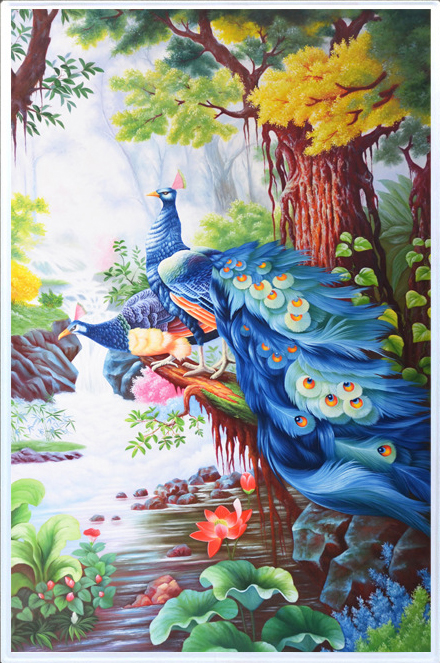 peacock-2012 *สินค้าหมด* ชุดภาพติดคริสตัลกลม ลายนกยูงคู่ในป่าใหญ่ (งานติดเต็มภาพ) ขนาด 40*60 ซม.ผ้าแคนวาสลงผังลายเต็ม คริสตัลกลม 40 สี อุปกรณ์ครบชุด