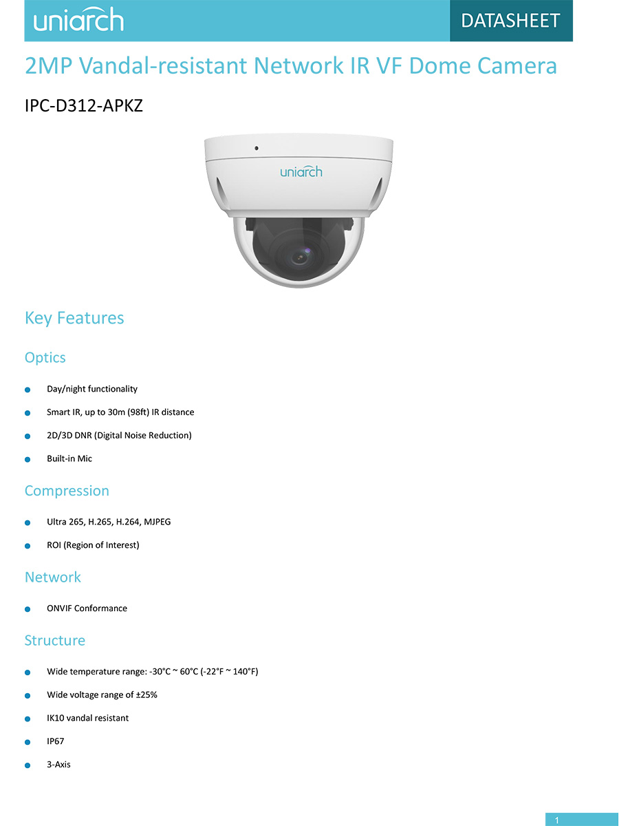 UNIARCH IPC-D312-APKZ (2.8-12mm.) กล้องวงจรปิด IP CAMERA 2MP เลนส์ซูมได้ PoE มีไมค์ในตัว ONVIF BY BILLIONAIRE SECURETECH IPC-D312-APKZ