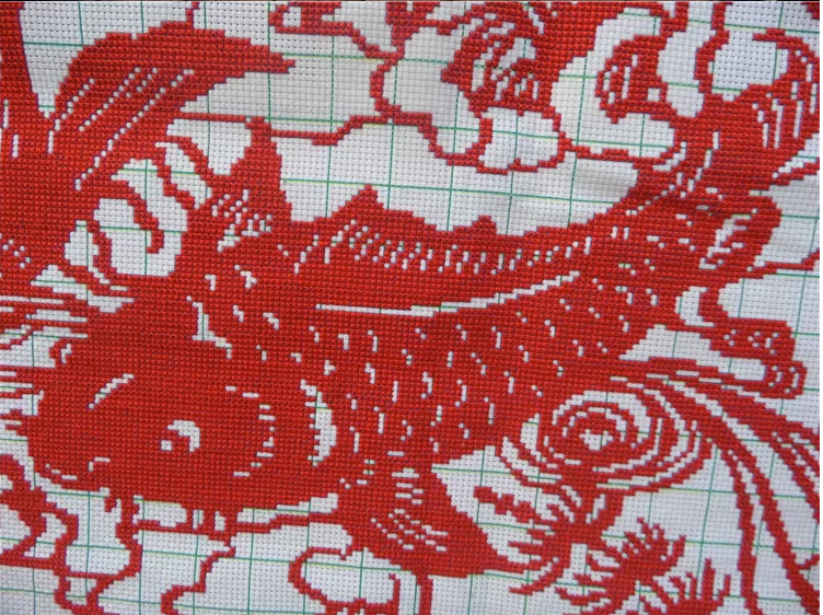 pla-1135 *สินค้าหมด* ชุดปักครอสติช ลาย 9 ปลาหลี่ฮื้อเรียกทรัพย์ (ไม่มีเดินเส้น ไม่มีผังลาย ปักสีแดงสีเดียว ผ้า11CTพิมพ์ลาย ปัก 3 เส้นเล็ก) ขนาด 150*57 ซม.ผ้าครอสติช11CTพิมพ์ลายปักบนผ้า+ไหมคอตตอน สีแดง+เข็ม