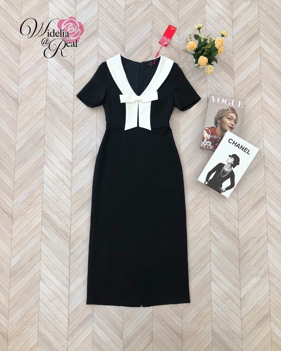 Korea Dress เดรสตัวยาว ทรงสอบ แขนสั้น อกโบว์ขาว