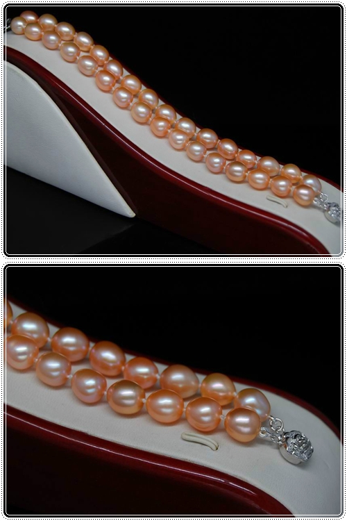 สร้อยข้อมือไข่มุกแท้ แบบ 2 ชั้น มุกรี สีส้ม 8.5x9 มิล