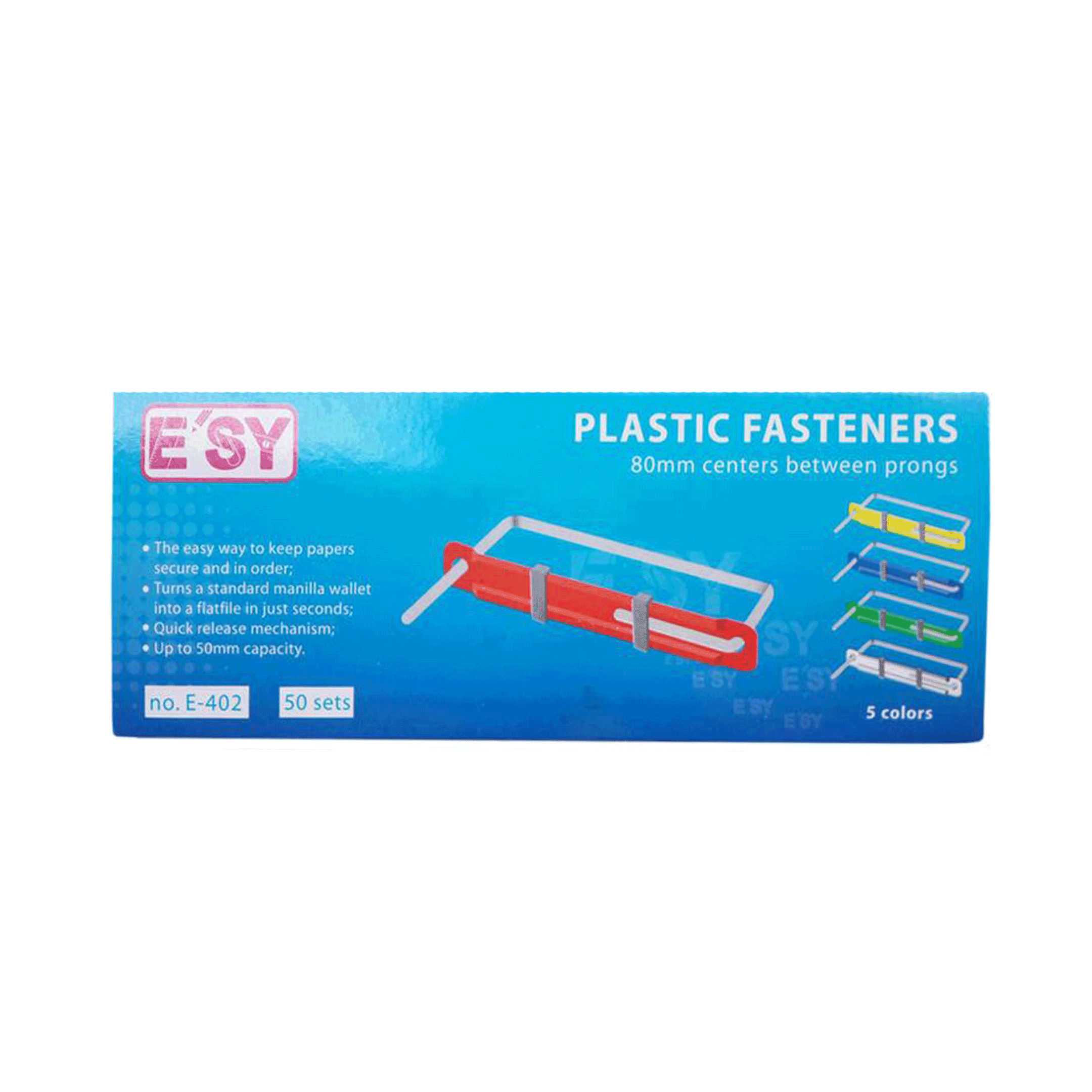 ลิ้นแฟ้มพลาสติก Plastic Fasteners อีซี่ E'SY รุ่น E-402 จำนวน 50 ชุด/กล่อง