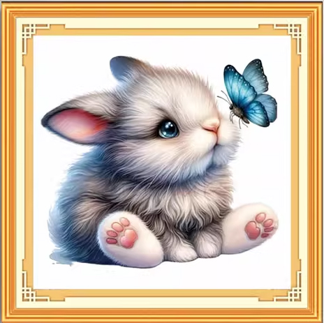 rabbit-1103 *สินค้าหมด* ชุดปักครอสติช ลายกระต่ายกับผีเสื้อ (ไม่มีเดินเส้น ผ้า11CTพิมพ์ลาย ปัก 3 เส้นเล็ก) ขนาด 40*40 ซม.ผ้าครอสติช 11CTพิมพ์ลายปักบนผ้า+ไหมคอตตอน 26 สี+ผังลาย+เข็ม