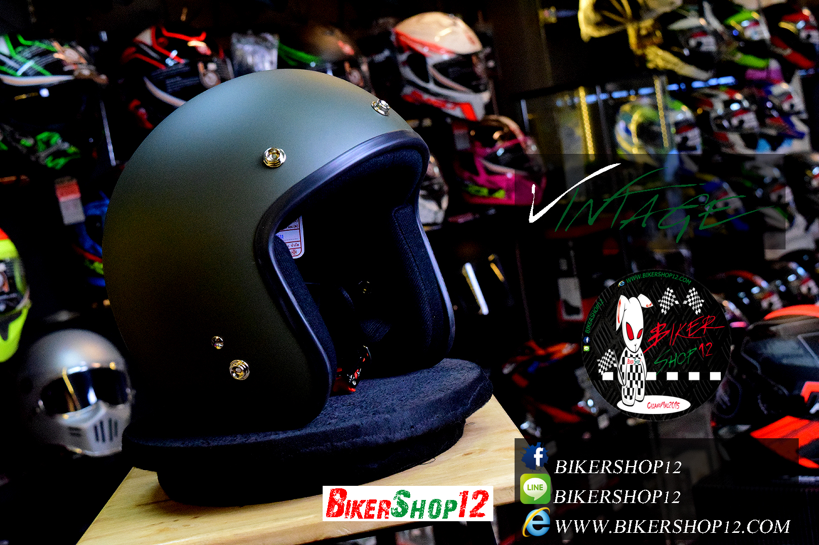 หมวกกันน็อคคลาสสิก 5เป๊ก สีเขียวขี้ม้าด้าน