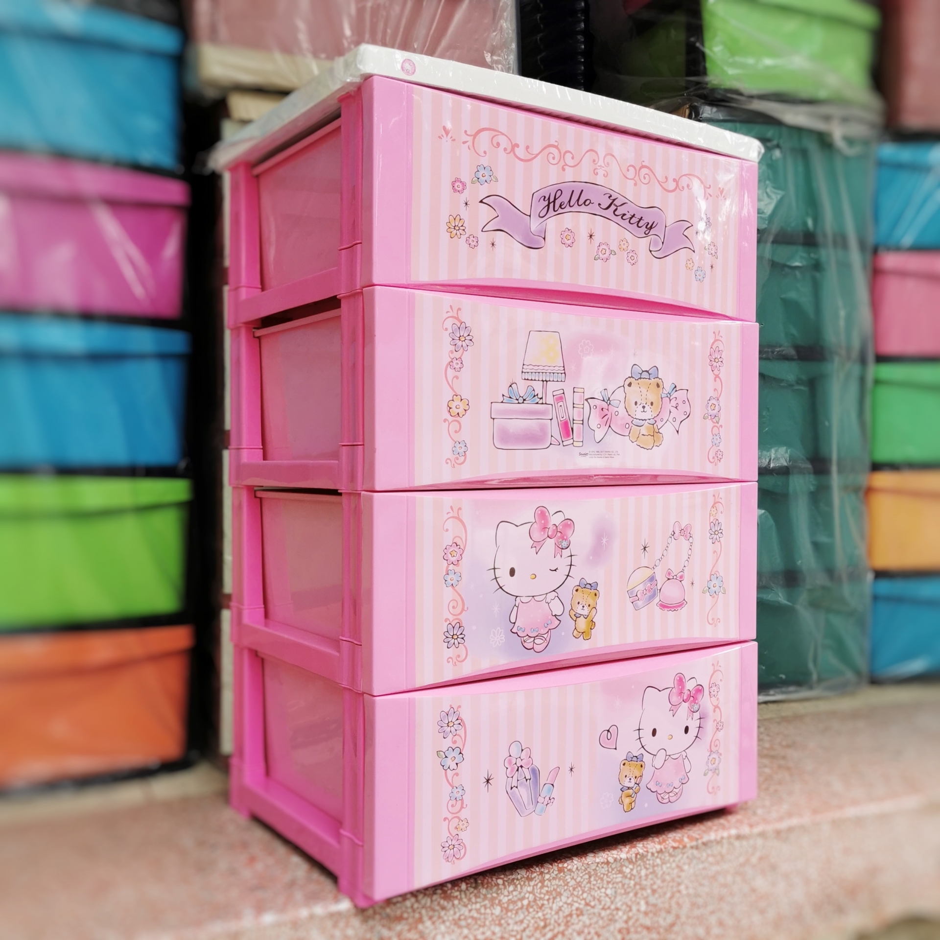 ลิ้นชักคิตตี้ 4 ชั้น ฝาไม้ 5804-2 หน้าชมพูเข้ม