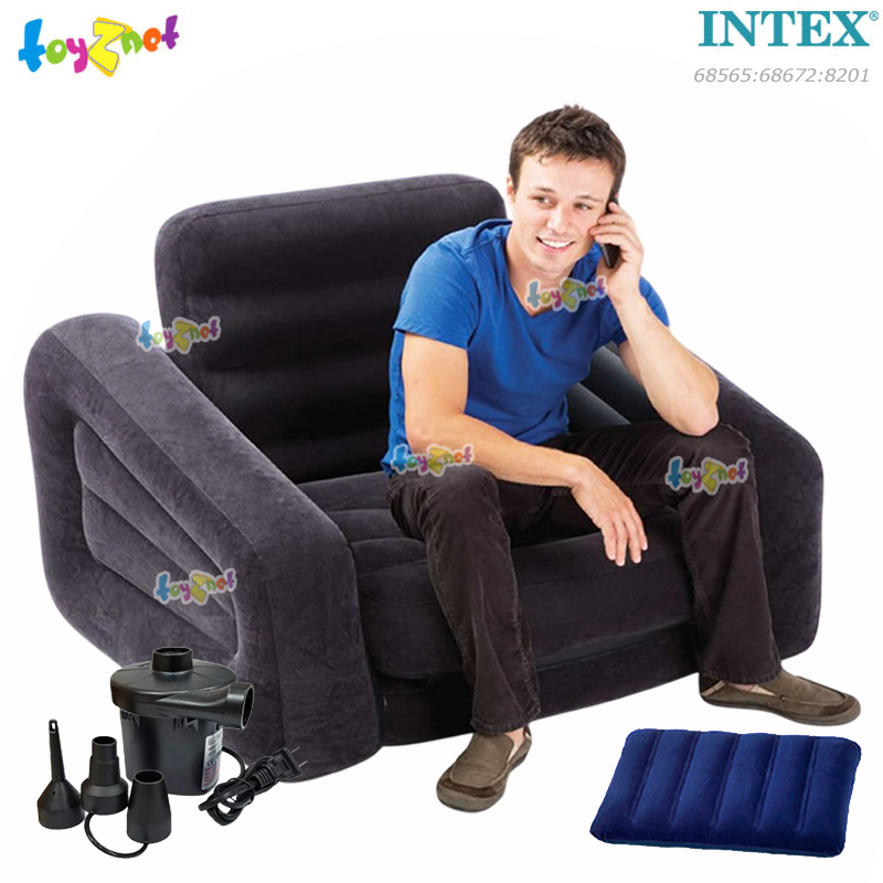 Intex Pull-Out Chair 1.09x2.18x0.66 m Black [No water bottle holder] no.68565 + Pillow & Elec. Air Pump