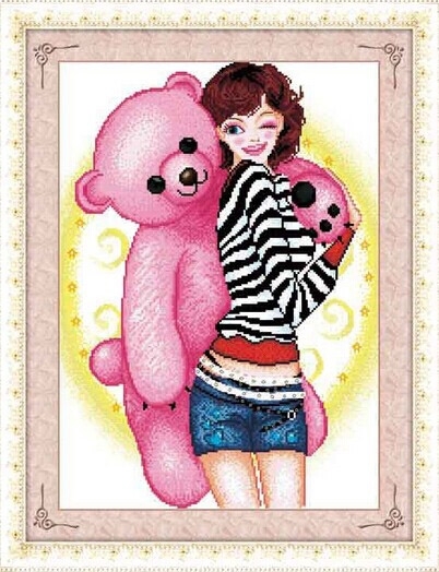 lady-1147 *พร้อมส่ง* ลายสาวน้อยกับตุ๊กตาหมี ขนาด 47*62 ซม.ผ้าครอสติช 11CT ( รุ่นผ้าขาว ไม่พิมพ์ลาย ) ไหมคอตตอน 41 สี ผังลาย เข็ม