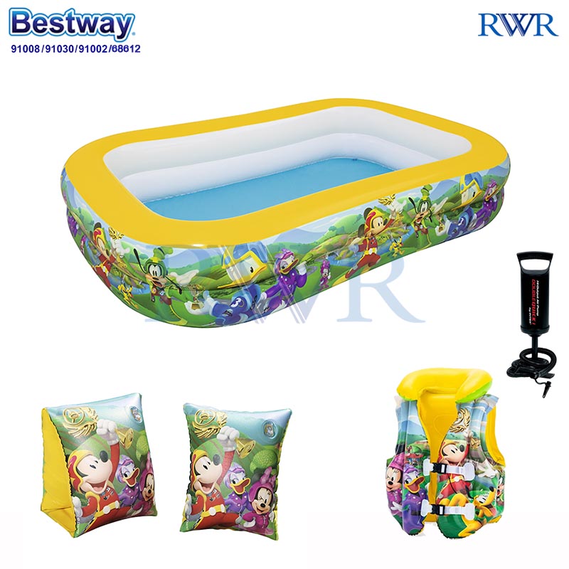 Bestway Micky Rectangular Family Pool 2.62x1.75x0.51 m no.91008 + Micky Swim Vest no. 91030 + Micky Kid Armbands no.91002 + DQI Air Pump