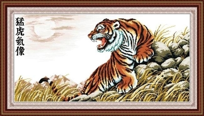 tiger-1102 *สินค้าหมด* ชุดปักครอสติช ลายเสือมงคล (ผ้า11CTพิมพ์ลาย ปัก 3 เส้นเล็ก) ขนาด 95*50 ซม ผ้าครอสติช 11CT พิมพ์ลายปักบนผ้า ไหมคอตตอน 33 สี ผังลาย เข็ม