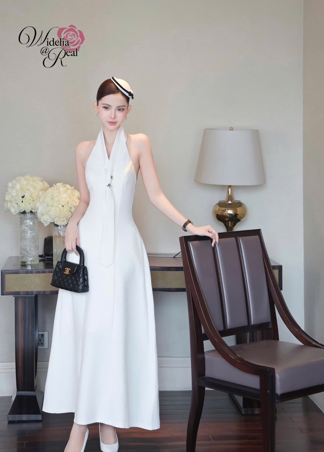 Korea Maxi dress แม็กซี่เดรส คอเน็คไท แต่งอะไหล่เงิน