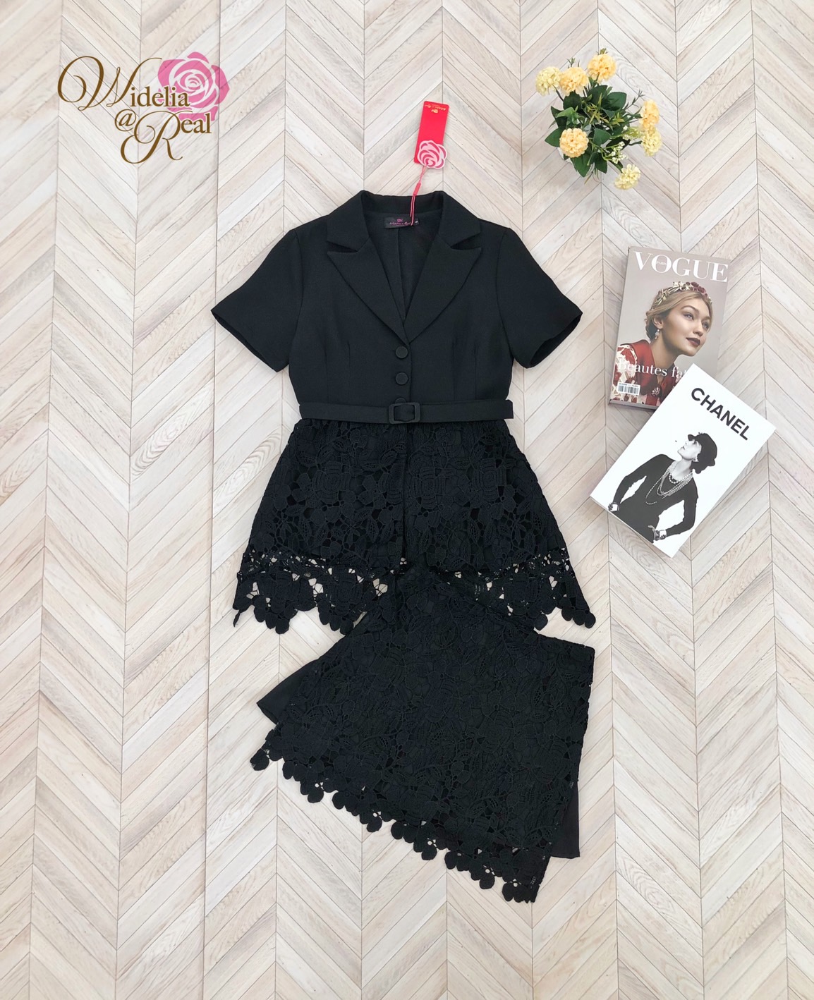 Korea Set 3ชิ้น เสื้อเบเซอร์ตัวยาว+กระโปรงสั้น+เข็มขัด 1 เส้น (ดำ)