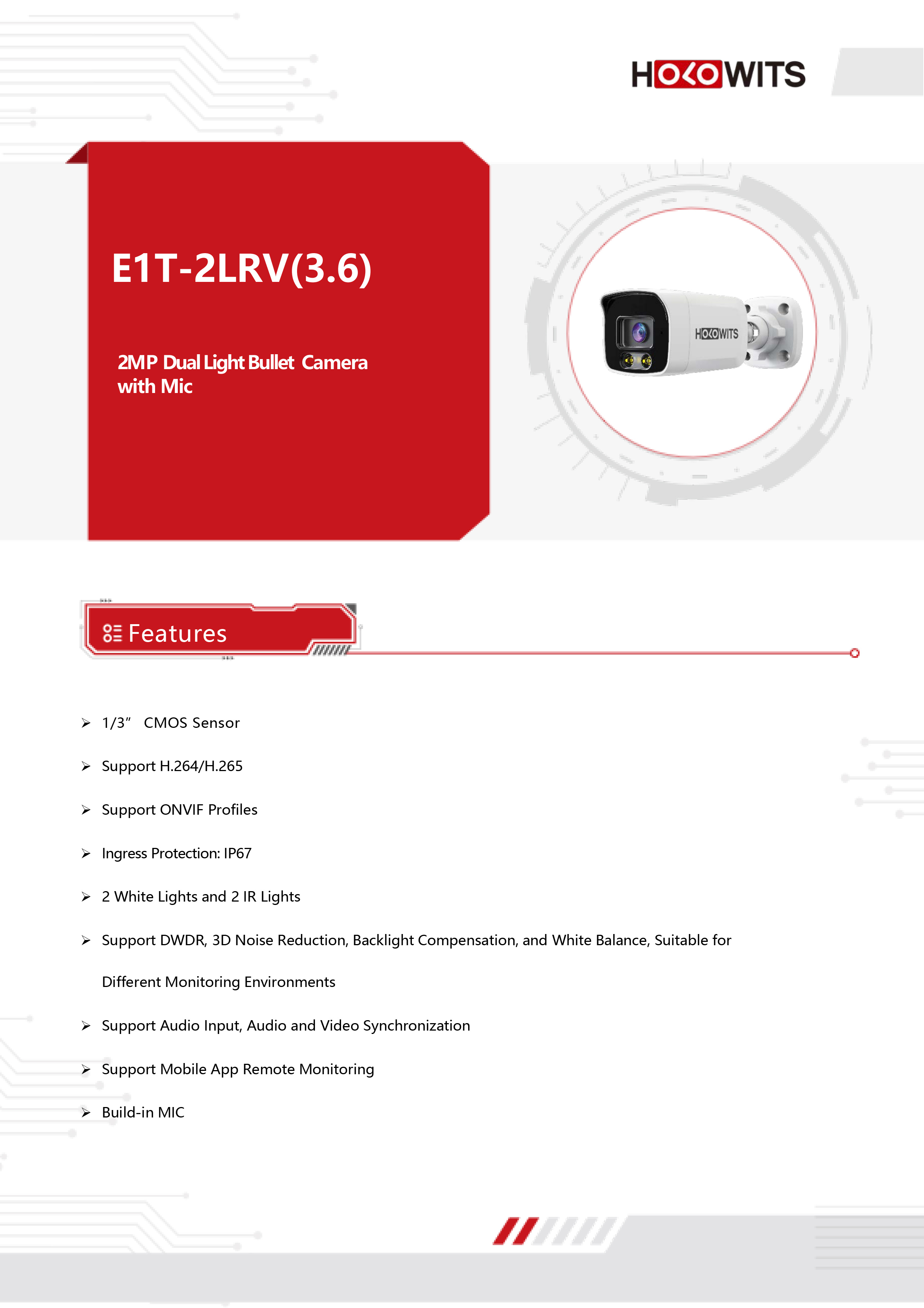 HOLOWITS E1T-2LRV (3.6mm.) IP Camera 2MP Dual Light IR 30 M., White Light 20 M., POE มีไมค์ในตัว BY BILLIONAIRE SECURETECH E1T-2LRV (3.6mm.)