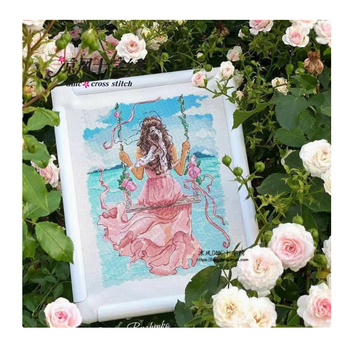 lady-1127 *สินค้าหมด* ชุดปักครอสติช ลายชิงช้าริมทะเล (ผ้า14CTพิมพ์ลาย ปัก 2 เส้นเล็ก) ขนาด 27*34 ซม.ผ้าครอสติช 14CTพิมพ์ลายปักบนผ้า ไหมคอตตอน 41 สี ผังลาย เข็ม