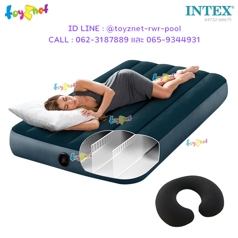 Intex "New Structure - More Comfortable" Dura-Beam Fiber-Tech Airbed 3.5ft (Twin) 0.99x1.91x0.25 m. Midnight Green No.64732 + 1 Travel Pillows