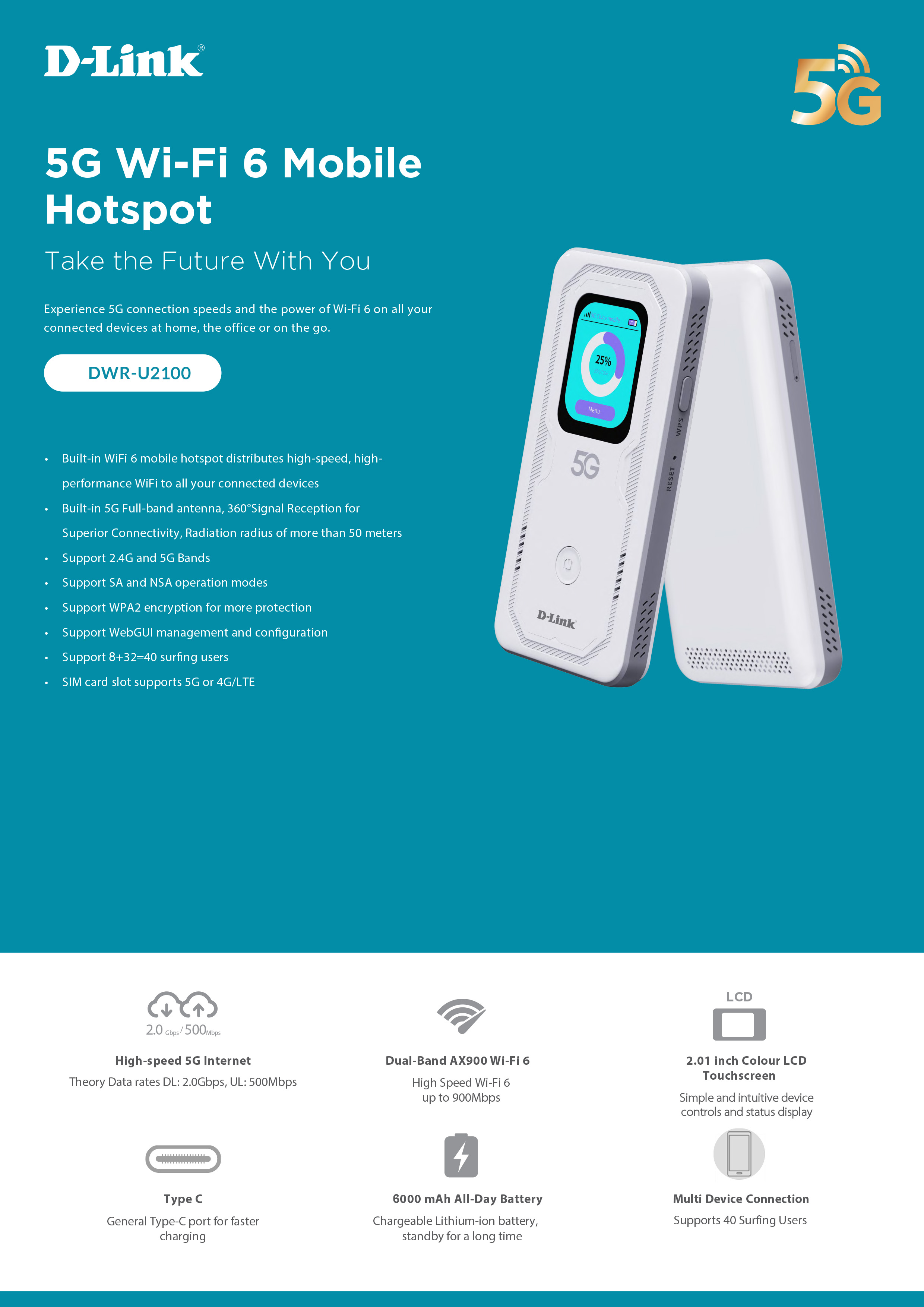 D-LINK DWR-U2100 : 5G Wi-Fi 6 Mobile Hotspot BY BILLIONAIRE SECURETECH DWR-U2100