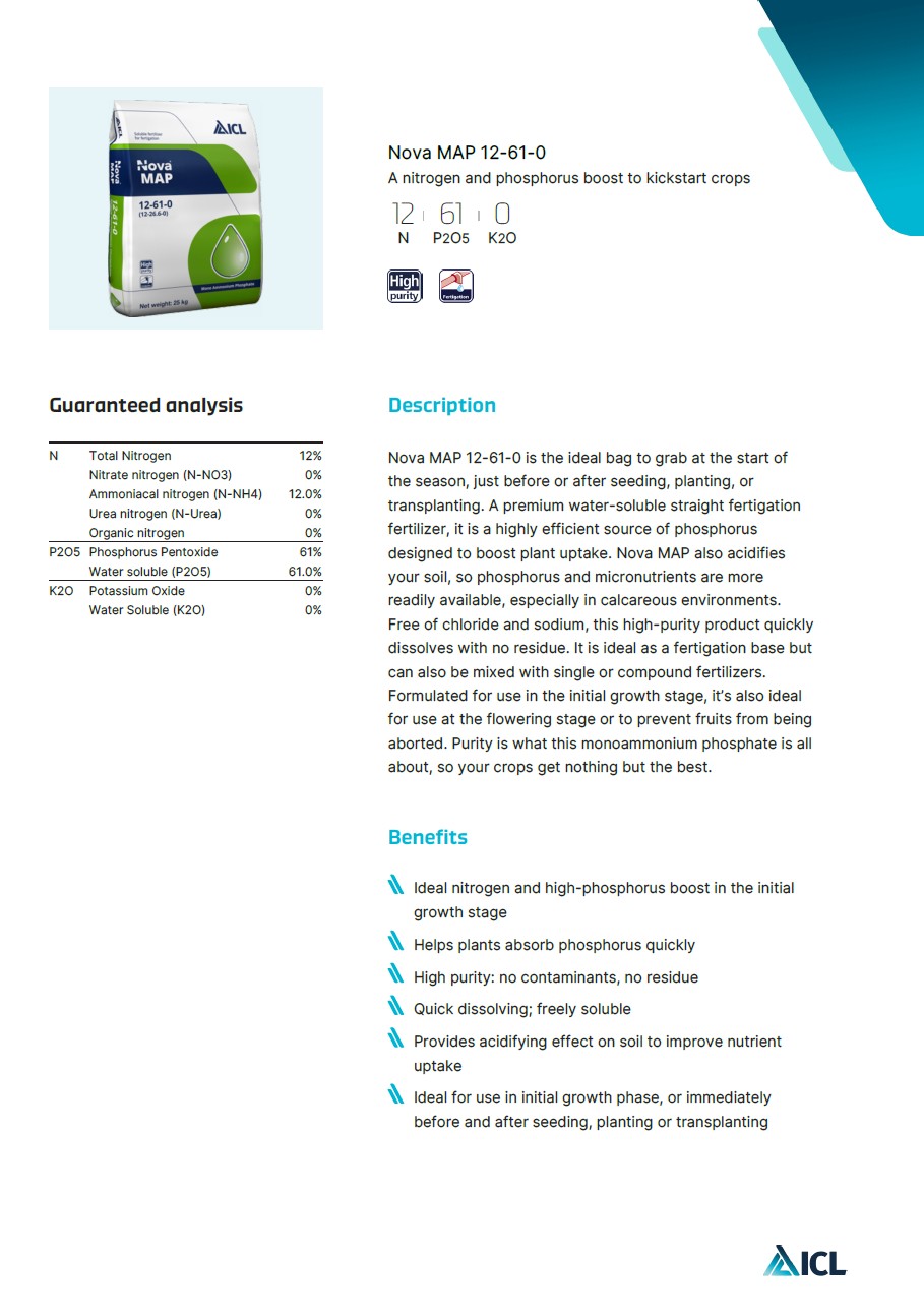NH4H2PO4 Monoammonium phosphate MAP ปุ๋ยเกล็ด NovaMAP 12-61-0 (ICL อิสราเอล) บำรุงรากฝอยและช่อดอก บรรจุ 25 กิโลกรัม