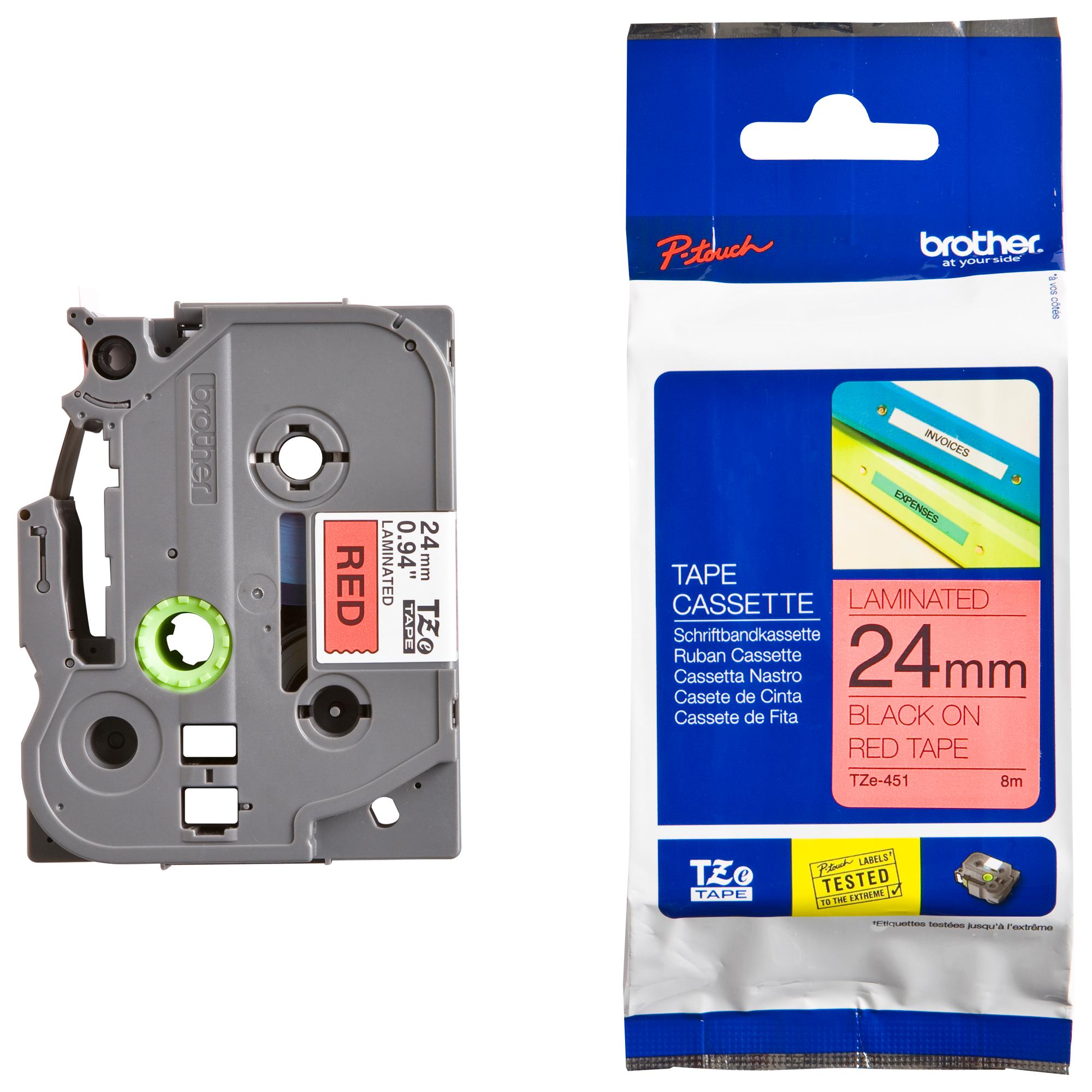 เทปพิมพ์อักษร BROTHER 24 mm. - อักษรดำพื้นแดง TZE-451