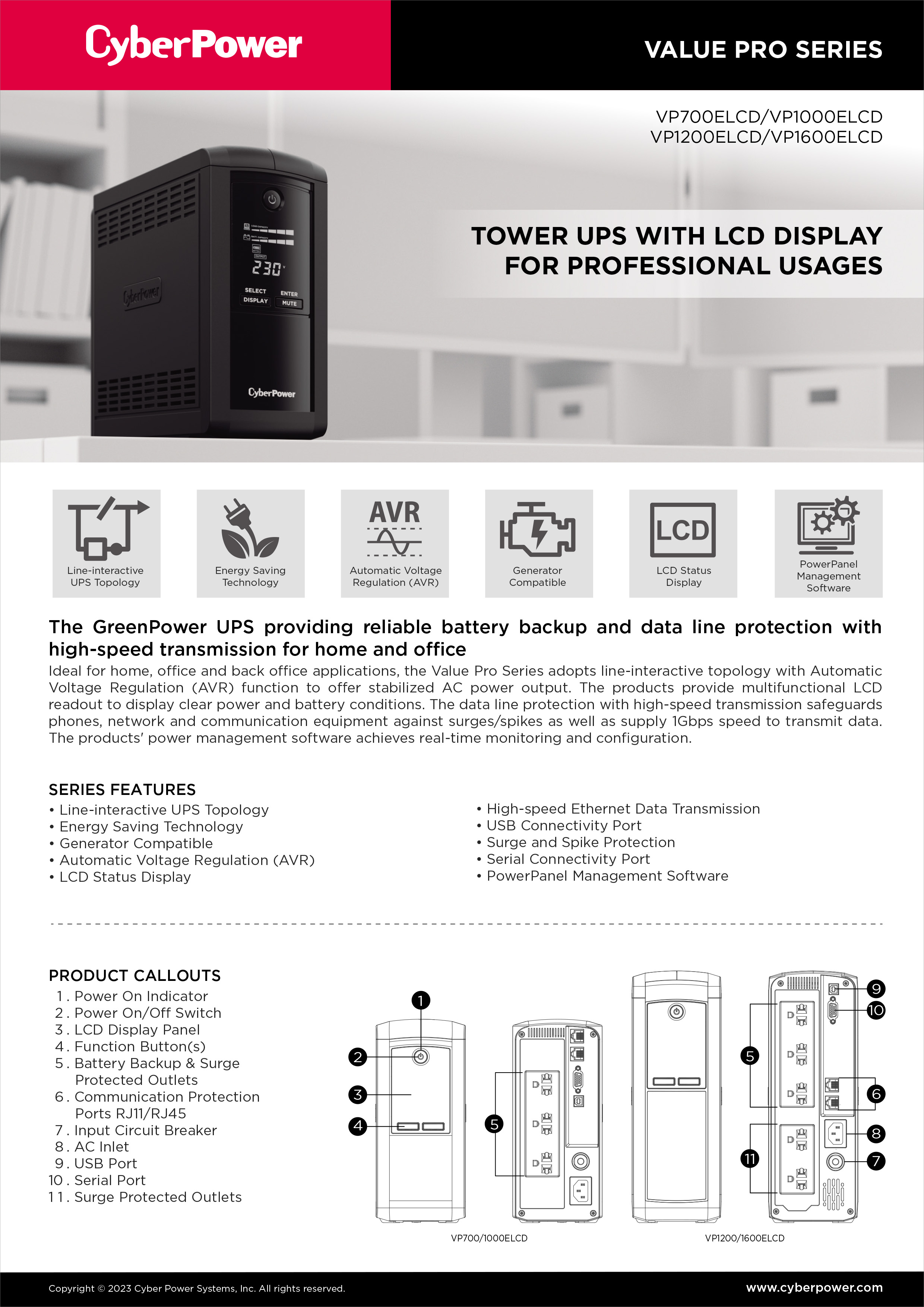 CYBERPOWER VP700ELCD เครื่องสำรองไฟ (UPS) 700VA 390W TOWER UPS WITH LCD DISPLAY BY BILLIONAIRE SECURETECH VP700ELCD