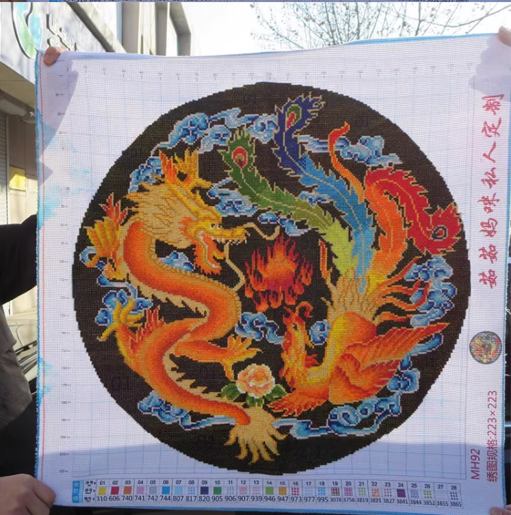 dragon-1100 *สินค้าหมด* ชุดปักครอสติช ลายมังกรคู่หงส์ (ปักเต็มผืนผ้า ไม่มีเดินเส้น ปักครั้งละ 3 เส้นเล็ก) ขนาด 40*40 ซม.ผ้าครอสติช 11CTพิมพ์ลายปักบนผ้า ไหมคอตตอน 29 สี ผังลาย เข็ม