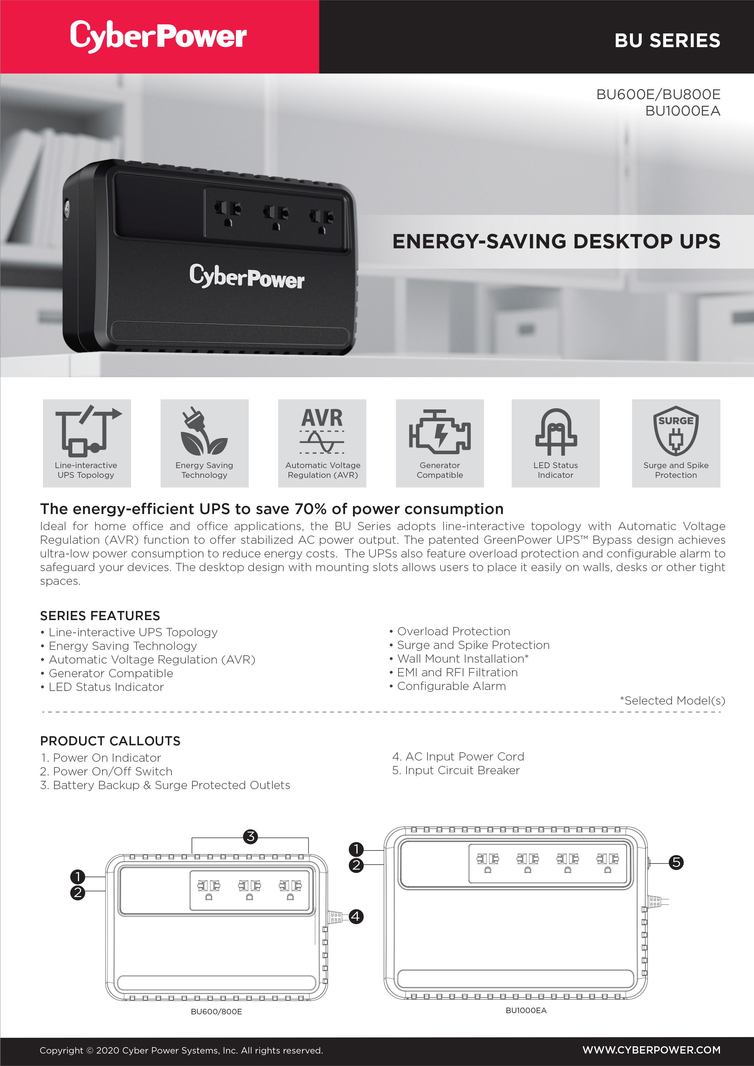 CYBERPOWER BU1000EA-AS เครื่องสำรองไฟ UPS 1000VA 630W รับประกัน Onsite 2 ปี BY BILLIONAIRE SECURETECH BU1000EA-AS