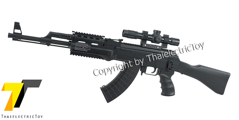 ปืนอัดลมพลาสติก AK12 ชักยิงทีล่ะนัด หนัก 1.2 Kg. ยาว 87 ซม. มีเลเซอร์ ใช้ลูกกระสุนพลาสติก 6 มิล
