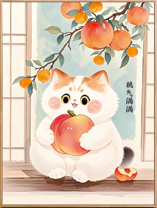 cat-1007 *พร้อมส่ง* ชุดปักครอสติช ลายแมวอ้วนเก็บลูกพีช (ปักเต็มผืนผ้า ไม่มีเดินเส้น ผ้า11CT พิมพ์ลาย ปัก 3 เส้นเล็ก) ขนาด 52*65 ซม. ผ้าครอสติช 11CTพิมพ์ลายปักบนผ้า ไหมคอตตอน 36 สี ผังลาย เข็ม