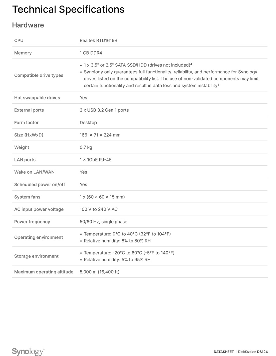 Synology DS124 NAS 1-BAY อุปกรณ์จัดเก็บข้อมูลบนเครือข่าย Realtek RTD1619B 4-core 1.7 GHz - 1GB BY BILLIONAIRE SECURETECH DS124