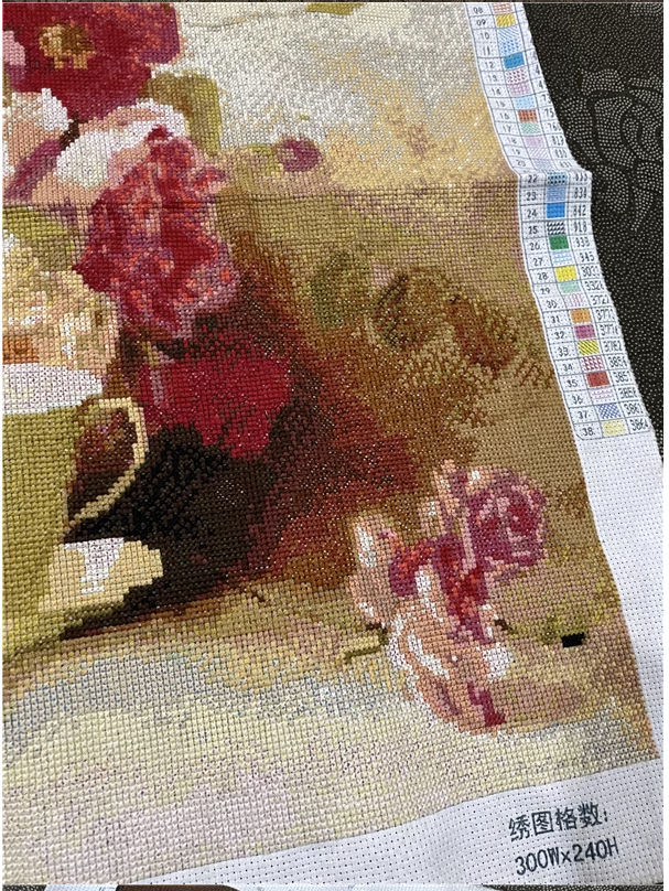 tea-1005 *พร้อมส่ง* ชุดปักครอสติช ลายชุดน้ำชา (ปักเต็มผืนผ้า ไม่มีเดินเส้น ผ้า11CTพิมพ์ลาย ปัก 3 เส้นเล็ก ) ขนาด 80*65 ซม.ผ้าครอสติช 11CTพิมพ์ลายปักบนผ้า+ไหมคอตตอน 38 สี+ผังลาย+เข็ม