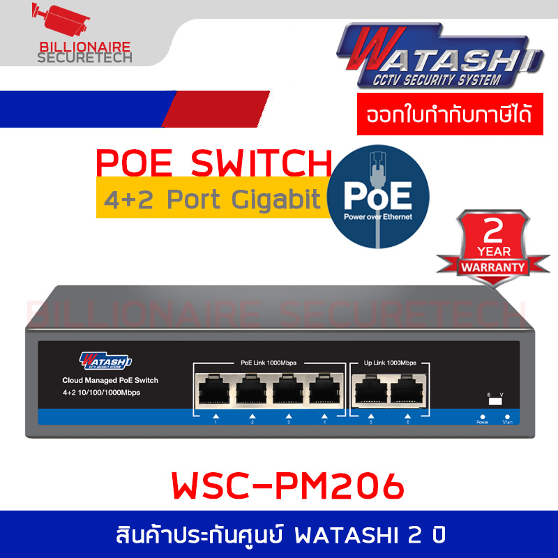 WATASHI WSC-PM206 4-Port PoE + 2 Uplink Cloud Managed Gigabit PoE Switch 250M. 10/100/1000Mbps 75W BY BILLIONAIRE SECURETECH WSC-PM206