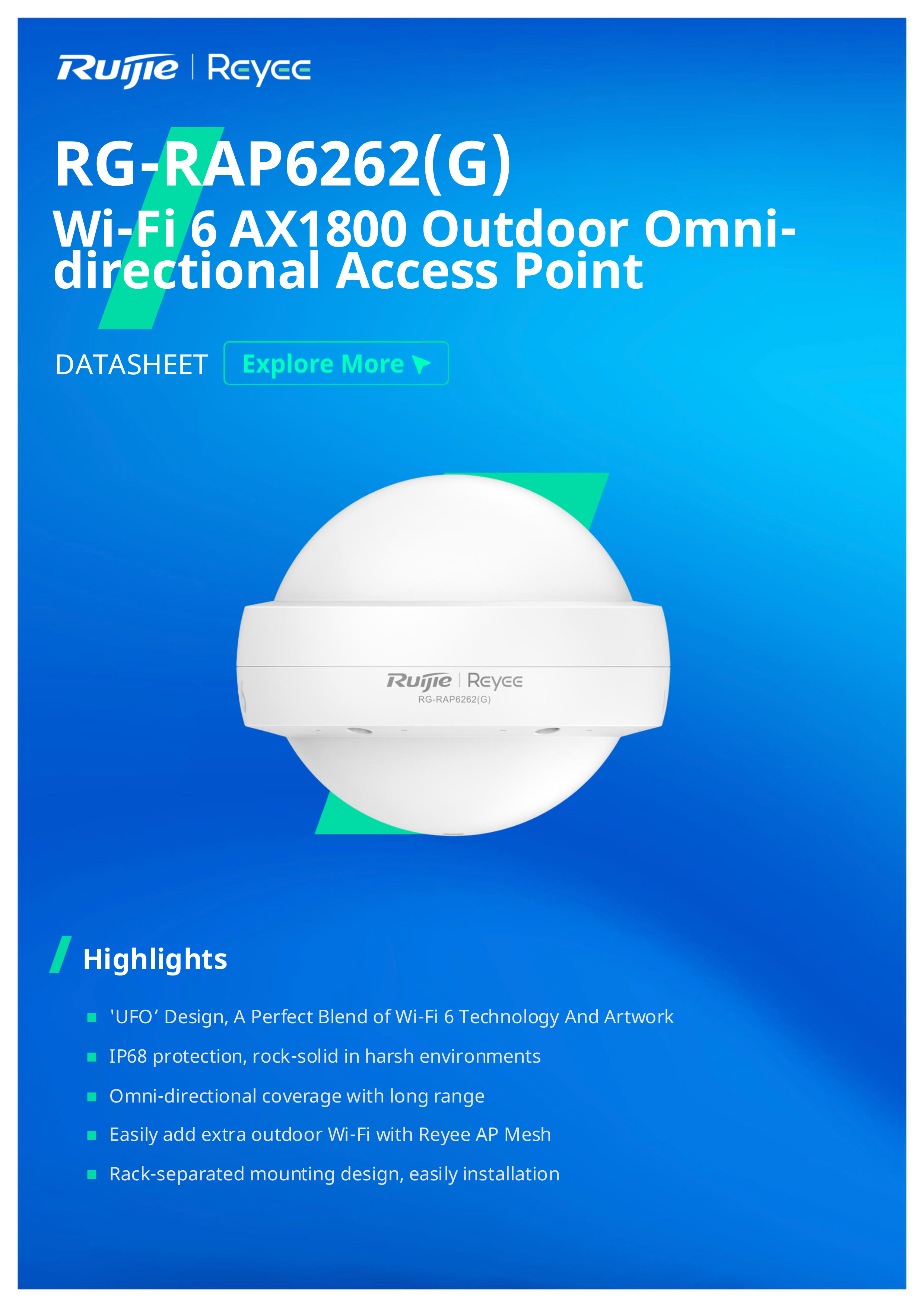 RUIJIE RG-RAP6262(G) Outdoor Access Point Wi-Fi 6, 1775Mbps, 2*GE, IP68 BY BILLIONAIRE SECURETECH RG-RAP6262(G)