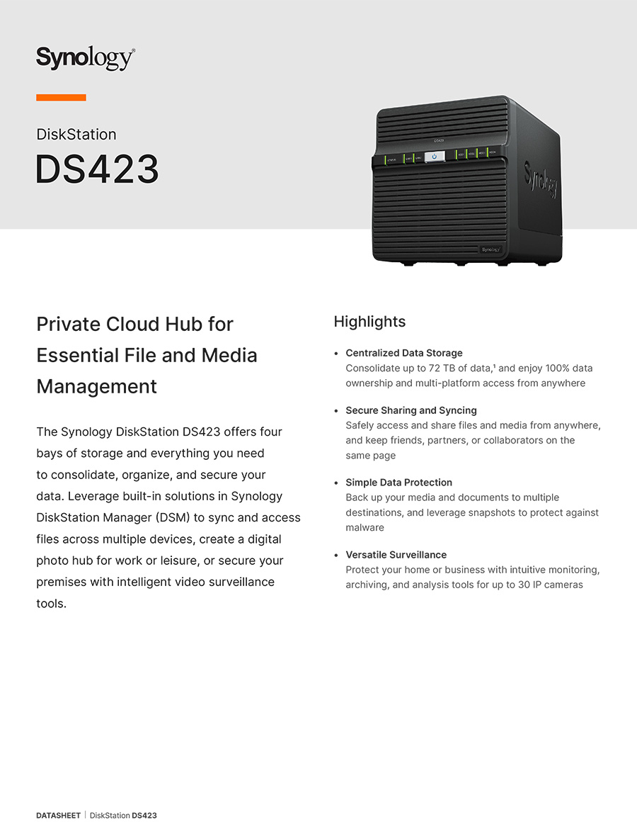 Synology DS423 NAS 4-BAY อุปกรณ์จัดเก็บข้อมูลบนเครือข่าย Realtek RTD1619B 4-core - 2GB BY BILLIONAIRE SECURETECH DS423