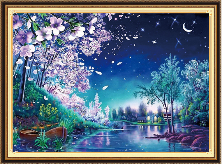 view-1125 *สินค้าหมด* ชุดปักครอสติช ลายซากุระราตรี (ปักเต็มผืนผ้า ไม่มีเดินเส้น ผ้าพิมพ์ลาย11CT ปัก 3 เส้นเล็ก) ขนาด 71*53 ซม.ผ้าครอสติช 11CTพิมพ์ลายปักบนผ้า ไหมคอตตอน 40 สี ผังลาย เข็ม