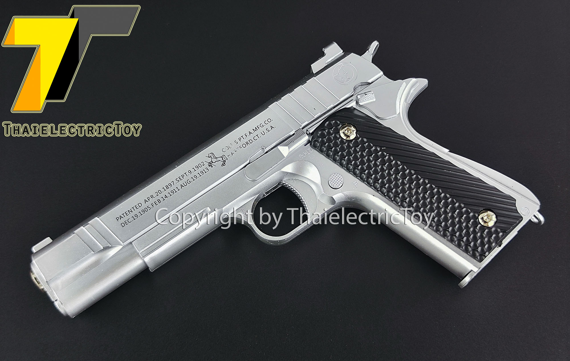 ปืนอัดลมพลาสติก 1911 สีบอร์นเงิน ชักยิงทีล่ะนัด ลำกล้องยาว 8 นิ้ว หนัก 276 กรัม แขวนสไลน์ได้