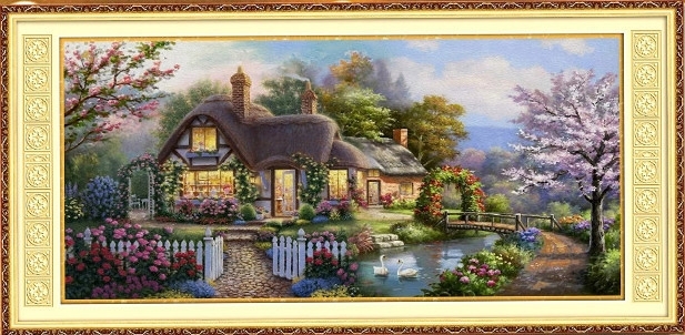 home-1140 *สินค้าหมด* ชุดปักครอสติช ลายบ้านน้อยในสวนสวย (ปักเต็มผืนผ้า ไม่มีเดินเส้น ผ้า11CTพิมพ์ลาย ปัก 3 เส้นเล็ก) ขนาดใหญ่ 149*74 ซม.ผ้าครอสติช 11CTพิมพ์ลายปักเต็มผืนผ้า ไหมคอตตอน 42 สี ผังลาย เข็ม