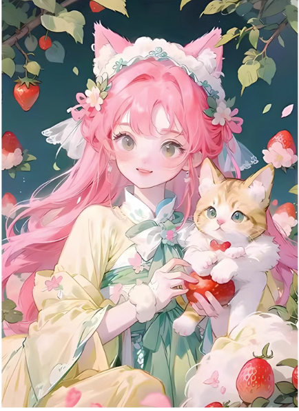 lady-1136 *สินค้าหมด* ชุดปักครอสติช ลายเจ้าหญิงแมวน้อยสตรอเบอรี่ (ปักเต็มผืนผ้า ไม่มีเดินเส้น ผ้า11CTพิมพ์ลาย ปัก 3 เส้นเล็ก) ขนาด 43*51 ซม.ผ้าครอสติช 11CT พิมพ์ลายปักบนผ้า ไหมคอตตอน 43 สี ผังลาย เข็ม