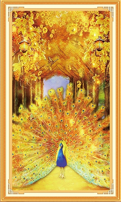 peacock-1153 *สินค้าหมด* ชุดปักครอสติช ลายนกยูงทองคำกับช่อองุ่นทองคำ (งานปักเต็มลาย ไม่มีเดินเส้น) ขนาด 50*90 ซม.ผ้าครอสติช 11CTพิมพ์ลายปักเต็มลายผ้า ไหมคอตตอน 30 สี ผังลาย เข็ม