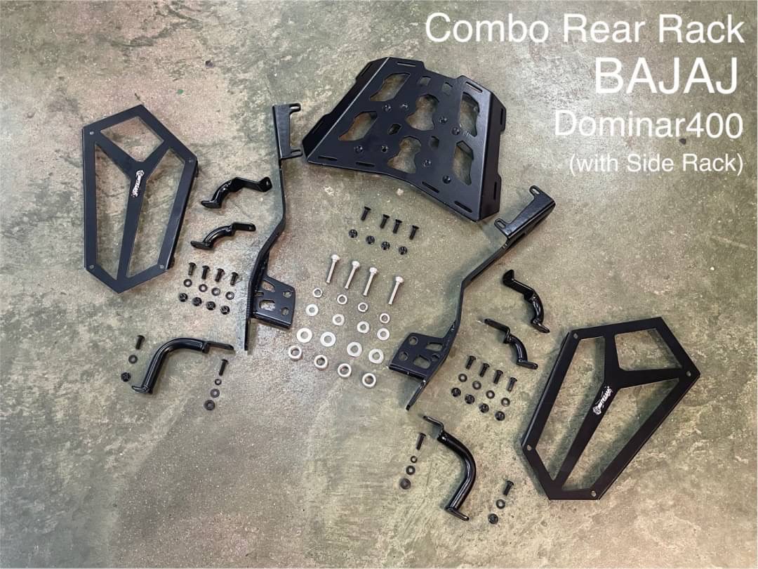 Bajaj Dominar400 1.ชิวหน้า 1700฿ 2.การ์ดครอบถังน้ำมัน ลายเคฟล่า 1700฿ 3.แคชบาร์ 2700฿ 4.แร็คท้าย 3100฿ 5.แร็คท้าย+แร็คกระเป๋า 4950฿